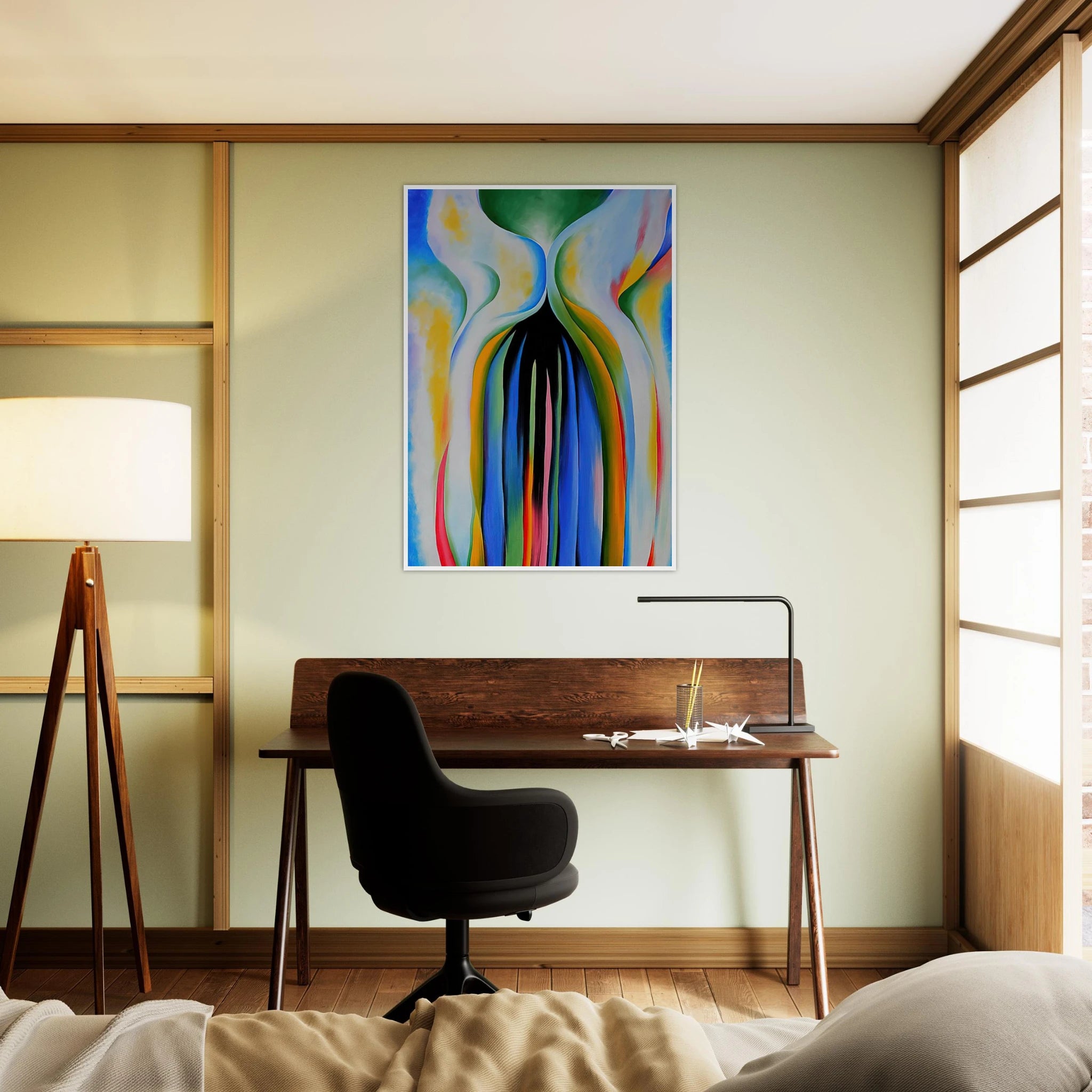 Gray line with black, blue, and yellow Framed Poster | Georgia O'Keeffe Framed Prints Wall Art | Georgia O Keeffe Prints