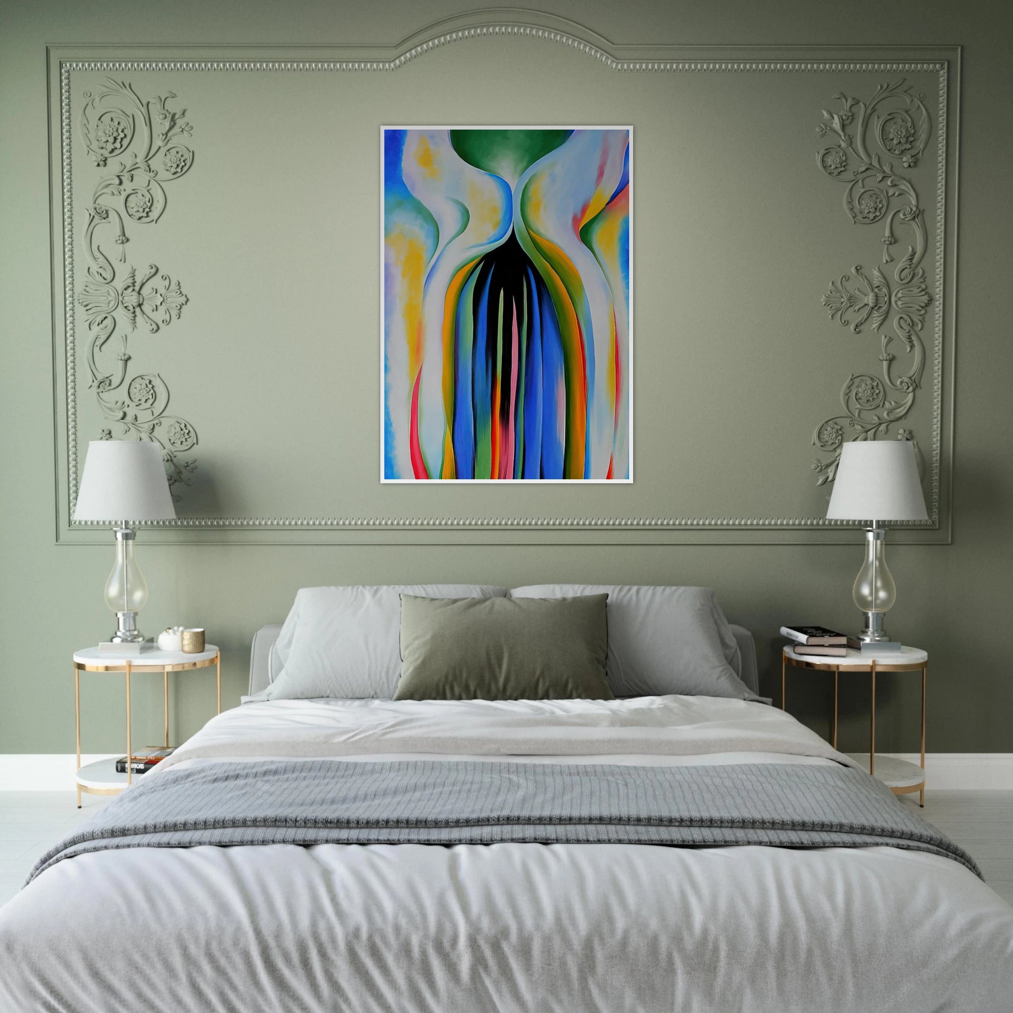 Gray line with black, blue, and yellow Framed Poster | Georgia O'Keeffe Framed Prints Wall Art | Georgia O Keeffe Prints
