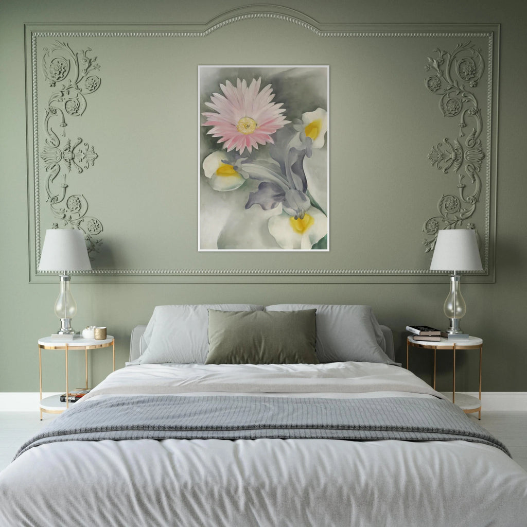 Pink Daisy with Iris Framed Poster | Georgia O'Keeffe Framed Prints Wall Art | Georgia O Keeffe Prints