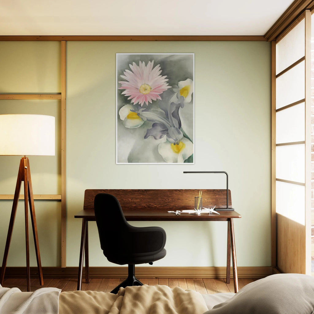 Pink Daisy with Iris Framed Poster | Georgia O'Keeffe Framed Prints Wall Art | Georgia O Keeffe Prints