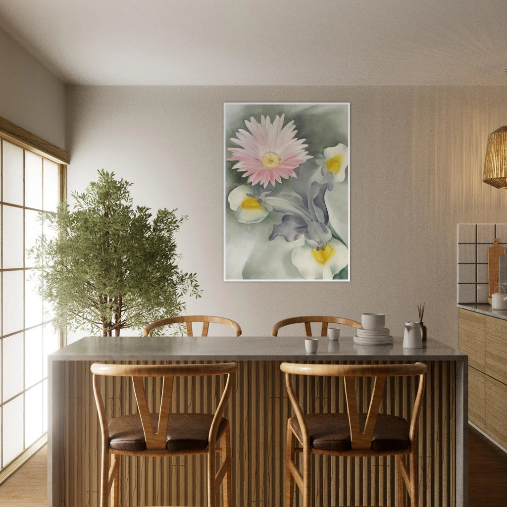 Pink Daisy with Iris Framed Poster | Georgia O'Keeffe Framed Prints Wall Art | Georgia O Keeffe Prints